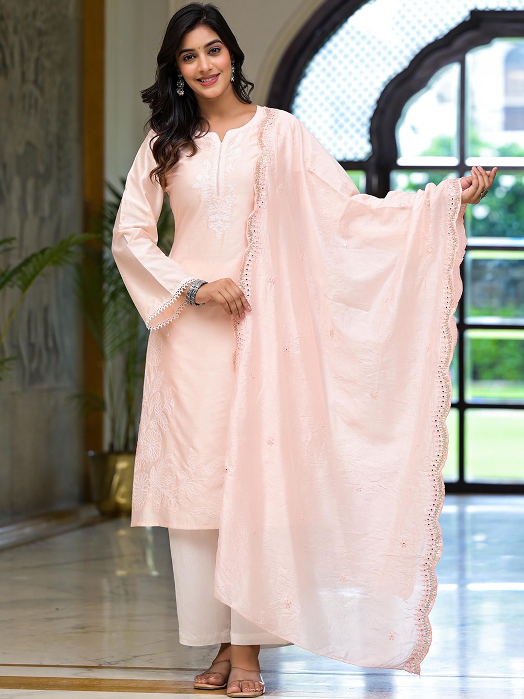 Juniper Floral Yoke Design Notch Neck Chanderi Silk Straight Kurta With Palazzos & Dupatta, Pink
Juniper Floral Yoke Design Notch Neck Chanderi Silk Straight Kurta With Palazzos & Dupatta, Pink