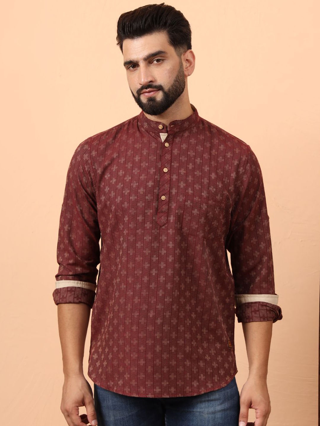 Latest Chikan Garments Geometric Woven Design Mandarin Collar Straight Short Kurta, Maroon
Latest Chikan Garments Geometric Woven Design Mandarin Collar Straight Short Kurta, Maroon