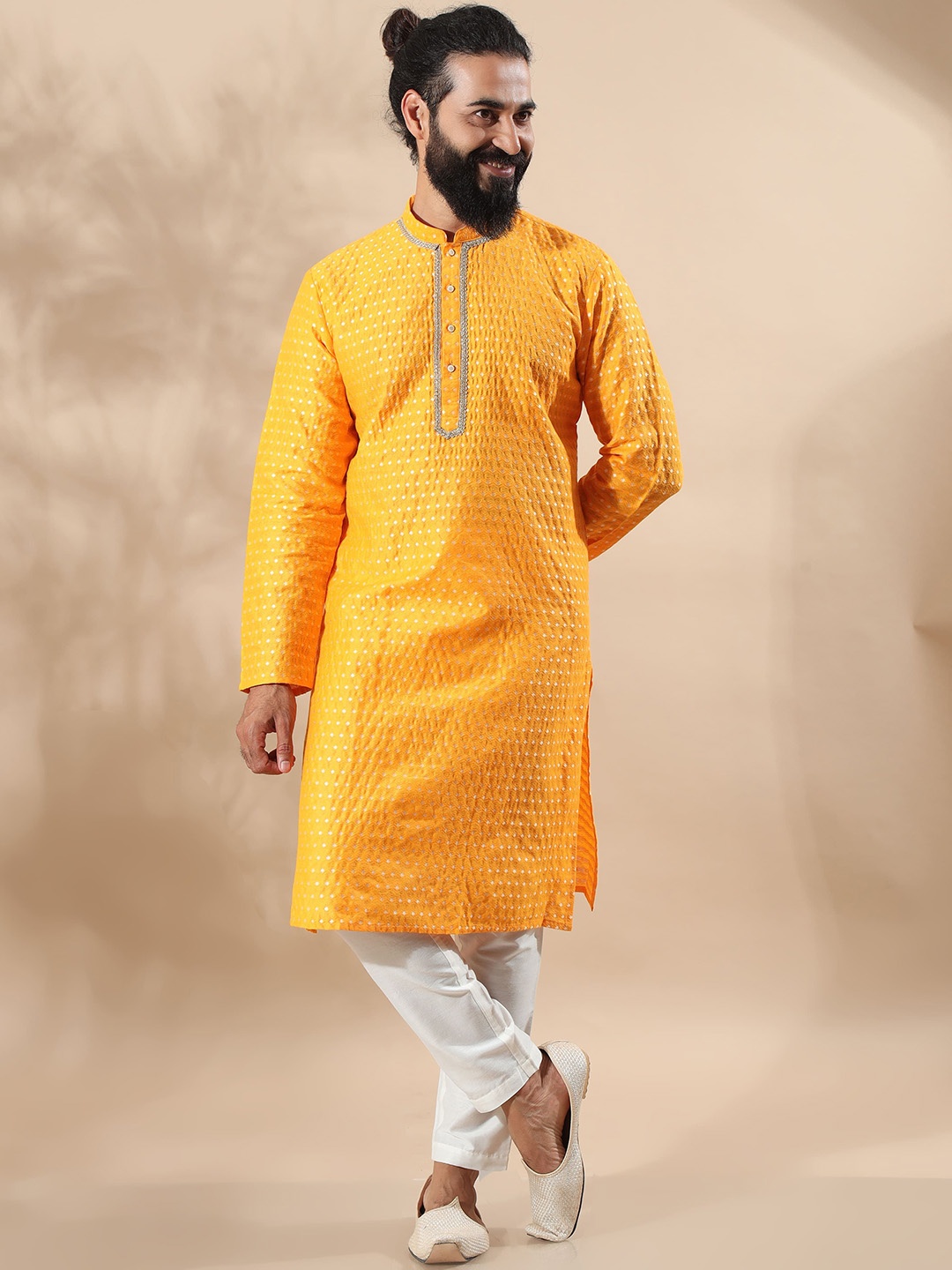 FILORI Ethnic Motifs Woven Design Zari Jacquard Weave Straight Kurta with Pyjamas, Yellow
FILORI Ethnic Motifs Woven Design Zari Jacquard Weave Straight Kurta with Pyjamas, Yellow