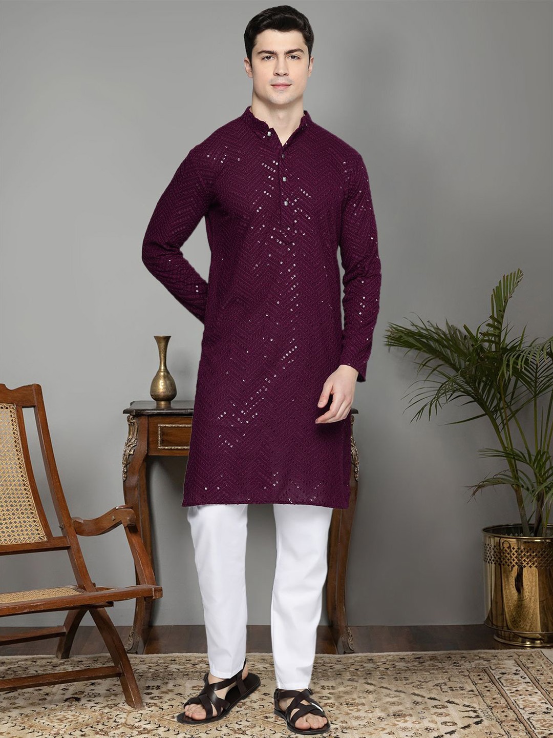 Jompers Geometric Embroidered Sequinned Pure Cotton Straight Kurta with Pyjamas, Purple
Jompers Geometric Embroidered Sequinned Pure Cotton Straight Kurta with Pyjamas, Purple