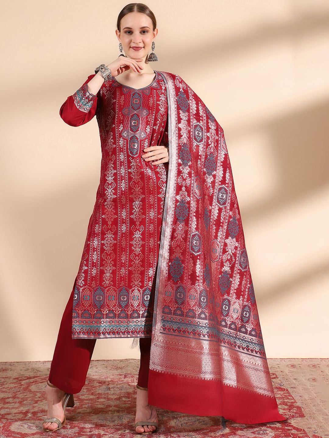 KIDAR Floral Woven Design Zari Jacquard Cotton Silk Straight Kurta with Trousers & Dupatta, Maroon
KIDAR Floral Woven Design Zari Jacquard Cotton Silk Straight Kurta with Trousers & Dupatta, Maroon