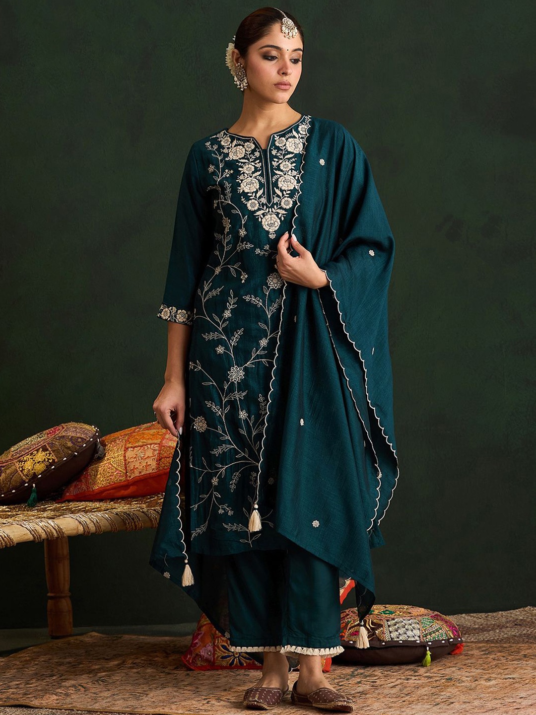 Indo Era Ethnic Motifs Embroidered Straight Kurta With Trousers & Dupatta, Teal
Indo Era Ethnic Motifs Embroidered Straight Kurta With Trousers & Dupatta, Teal
