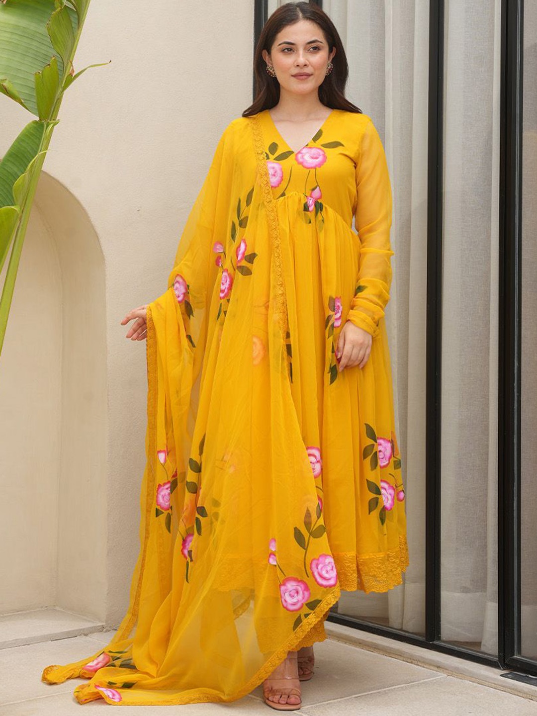 OneWe Floral Printed V-Neck Empire Georgette Kurta With Trousers & Dupatta, Mustard
OneWe Floral Printed V-Neck Empire Georgette Kurta With Trousers & Dupatta, Mustard