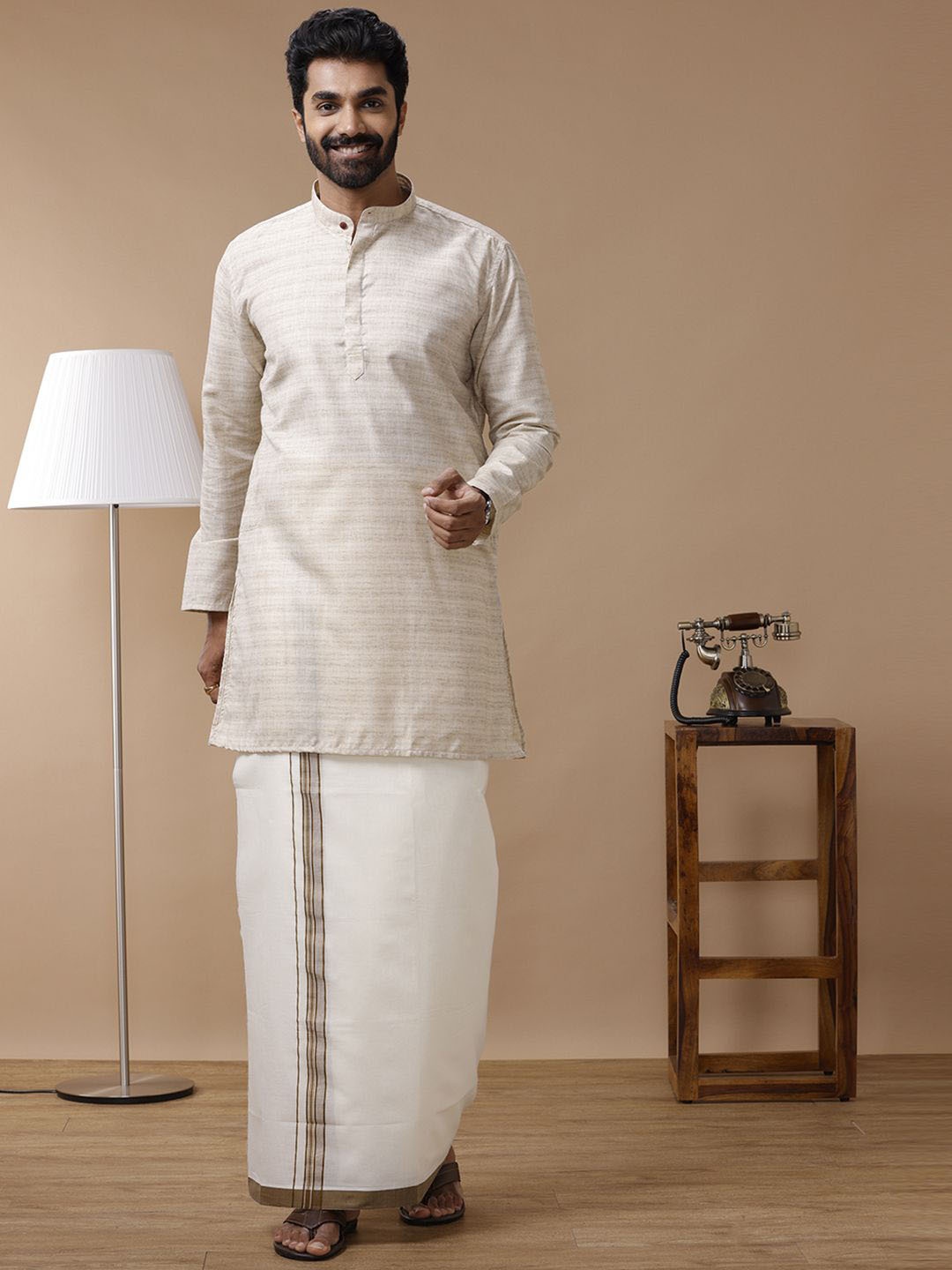 Ramraj Straight Mandarin Collar Pure Cotton Straight Kurta With Kora Double Dhoti, Brown
Ramraj Straight Mandarin Collar Pure Cotton Straight Kurta With Kora Double Dhoti, Brown