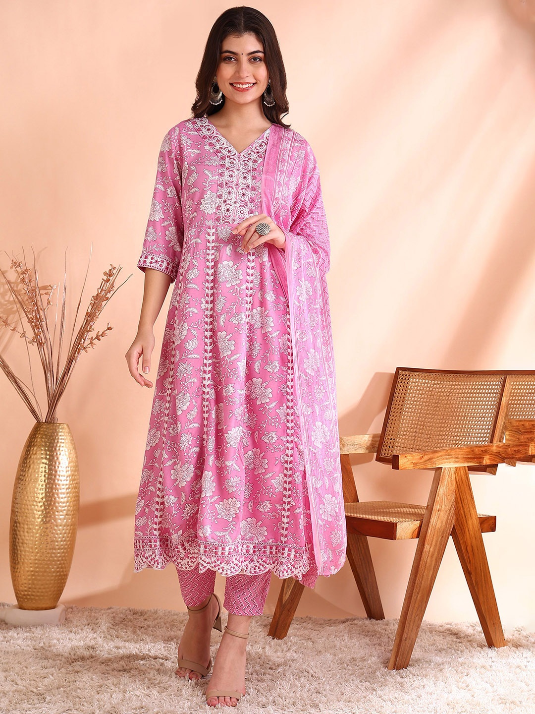 Ode by House of Pataudi Thread Work Pure Cotton Anarkali Kurta with Trousers & Dupatta, Pink
Ode by House of Pataudi Thread Work Pure Cotton Anarkali Kurta with Trousers & Dupatta, Pink