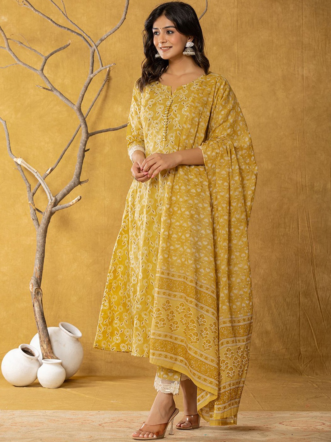 Yufta Floral Printed Notch Neck Pure Cotton Anarkali Kurta With Trousers & Dupatta, Mustard
Yufta Floral Printed Notch Neck Pure Cotton Anarkali Kurta With Trousers & Dupatta, Mustard