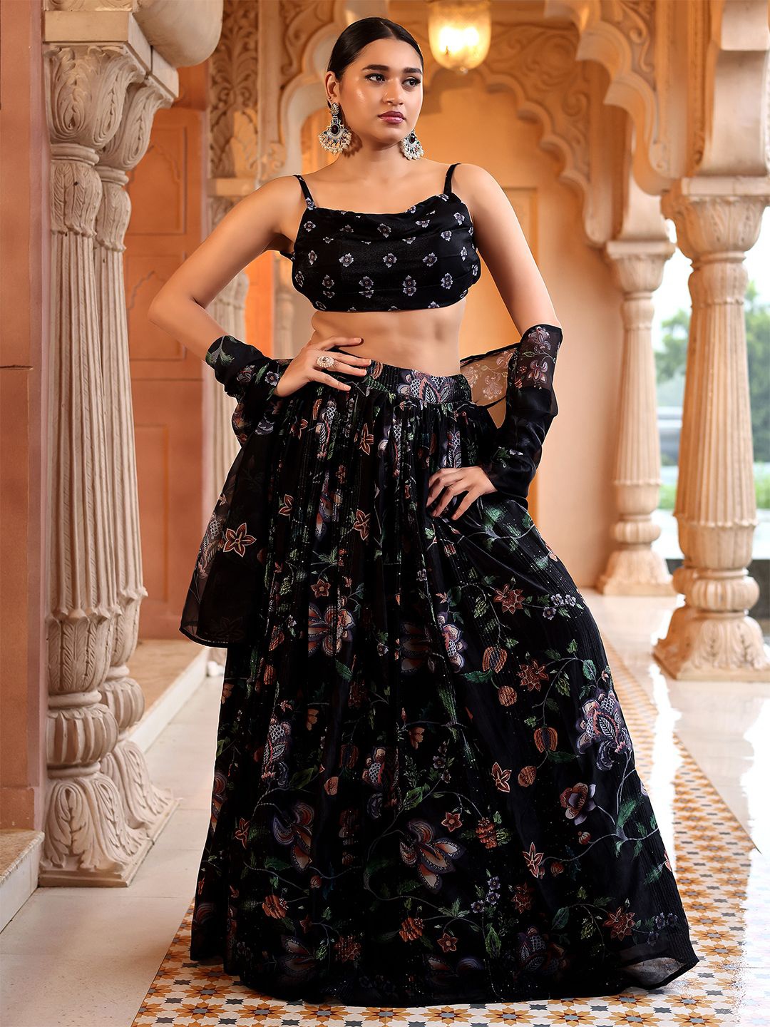 PURVAJA Printed Thread Work Ready to Wear Lehenga & Unstitched Blouse With Dupatta, Black
PURVAJA Printed Thread Work Ready to Wear Lehenga & Unstitched Blouse With Dupatta, Black