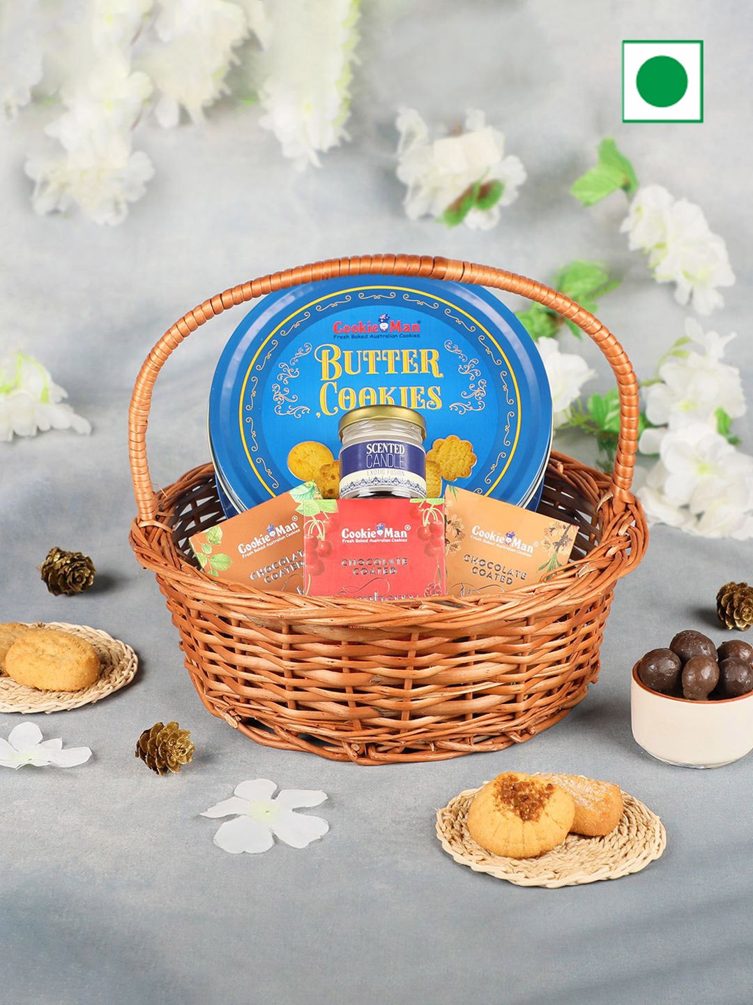 Cookieman Set Of 3 Butter Cookies & Chocolate Coated Dry Fruits With Scented Candle, Brown
Cookieman Set Of 3 Butter Cookies & Chocolate Coated Dry Fruits With Scented Candle, Brown