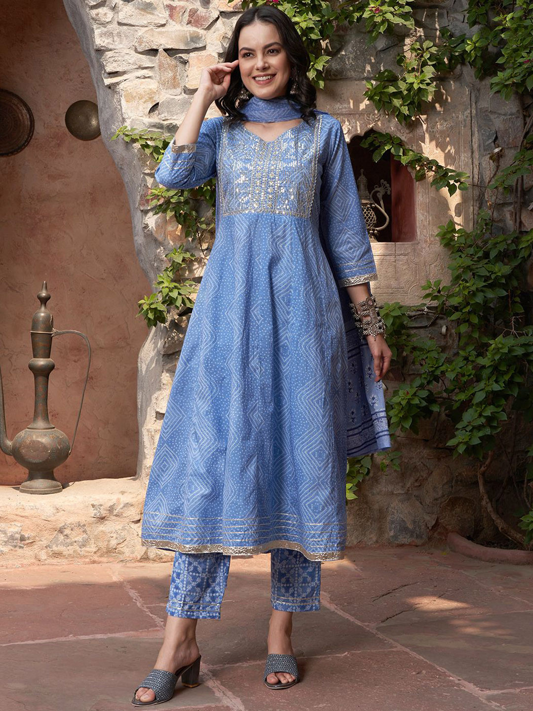 Sangria Bandhani Printed Sequinned Pure Cotton Anarkali Kurta With Trousers & Dupatta, Blue
Sangria Bandhani Printed Sequinned Pure Cotton Anarkali Kurta With Trousers & Dupatta, Blue