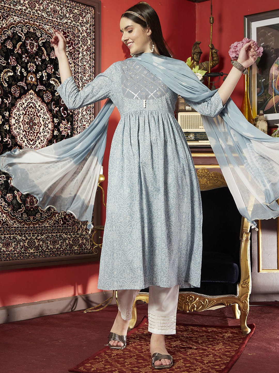 Sangria Bandani Printed Pure Cotton Mirror Work Anarkali Kurta With Trousers & Dupatta, Blue
Sangria Bandani Printed Pure Cotton Mirror Work Anarkali Kurta With Trousers & Dupatta, Blue