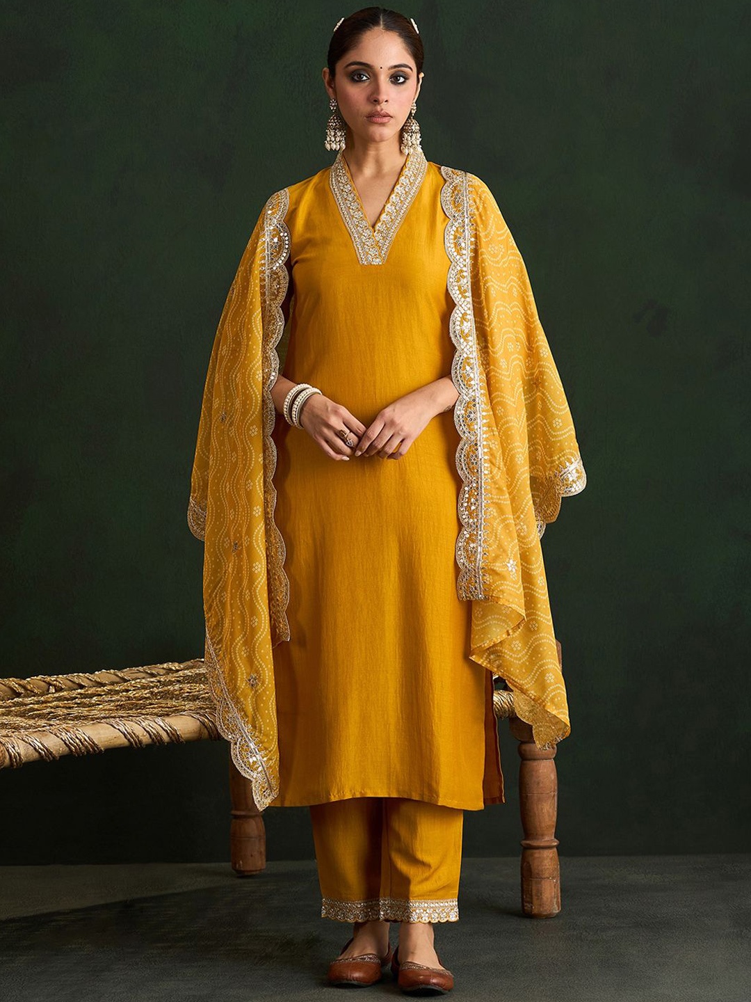 Indo Era Mustard Yellow Floral Embroidered V-Neck Straight Kurta with Trousers & Dupatta
Indo Era Mustard Yellow Floral Embroidered V-Neck Straight Kurta with Trousers & Dupatta