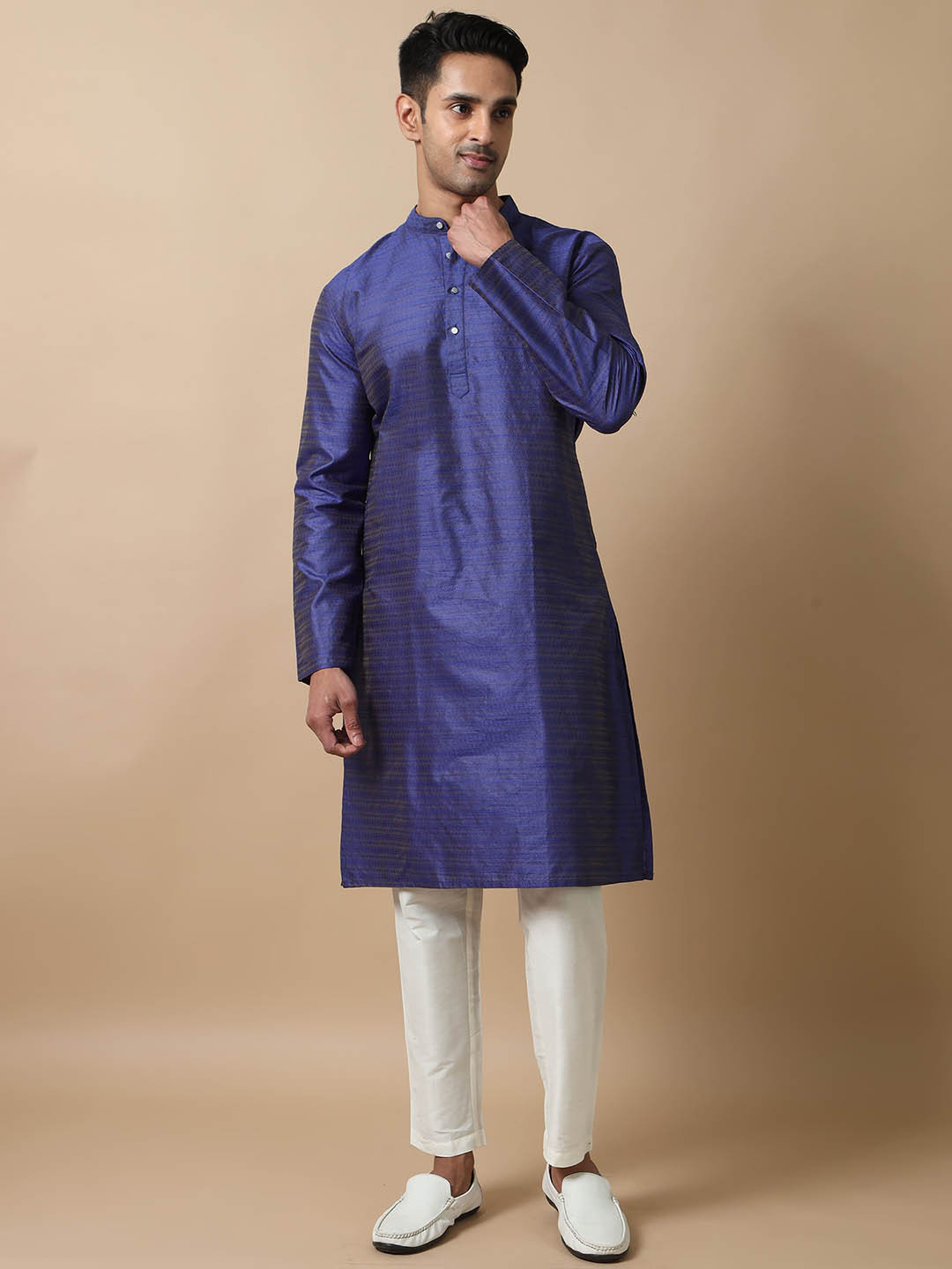 FILORI Ethnic Motifs Woven Design Mandarin Collar Regular Kurta With Pyjama, Navy blue 
FILORI Ethnic Motifs Woven Design Mandarin Collar Regular Kurta With Pyjama, Navy blue