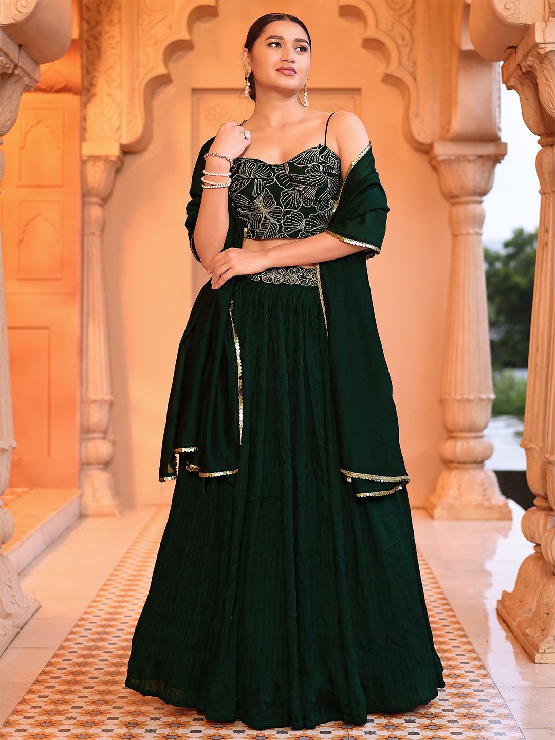 PURVAJA Embroidered Sequinned Ready to Wear Lehenga & Unstitched Blouse With Dupatta, Green
PURVAJA Embroidered Sequinned Ready to Wear Lehenga & Unstitched Blouse With Dupatta, Green