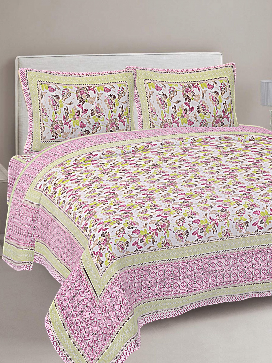 FrionKandy Living Green & Pink Printed Cotton 180 TC King Bedsheet With 2 Pillow Covers
FrionKandy Living Green & Pink Printed Cotton 180 TC King Bedsheet With 2 Pillow Covers