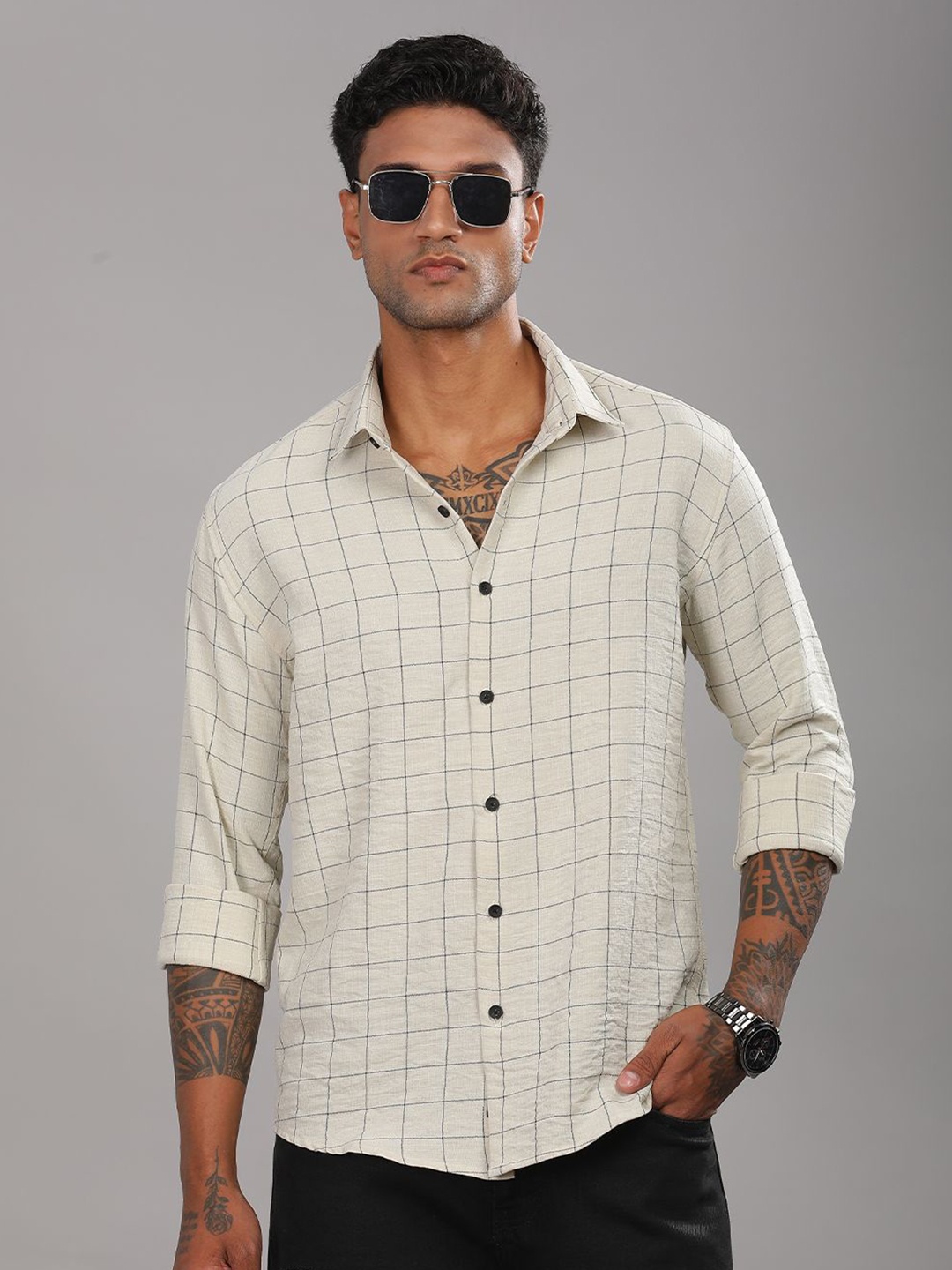 PAUL STREET Men Standard Spread Collar Windowpane Checked Slim Fit Casual Shirt, Beige
PAUL STREET Men Standard Spread Collar Windowpane Checked Slim Fit Casual Shirt, Beige