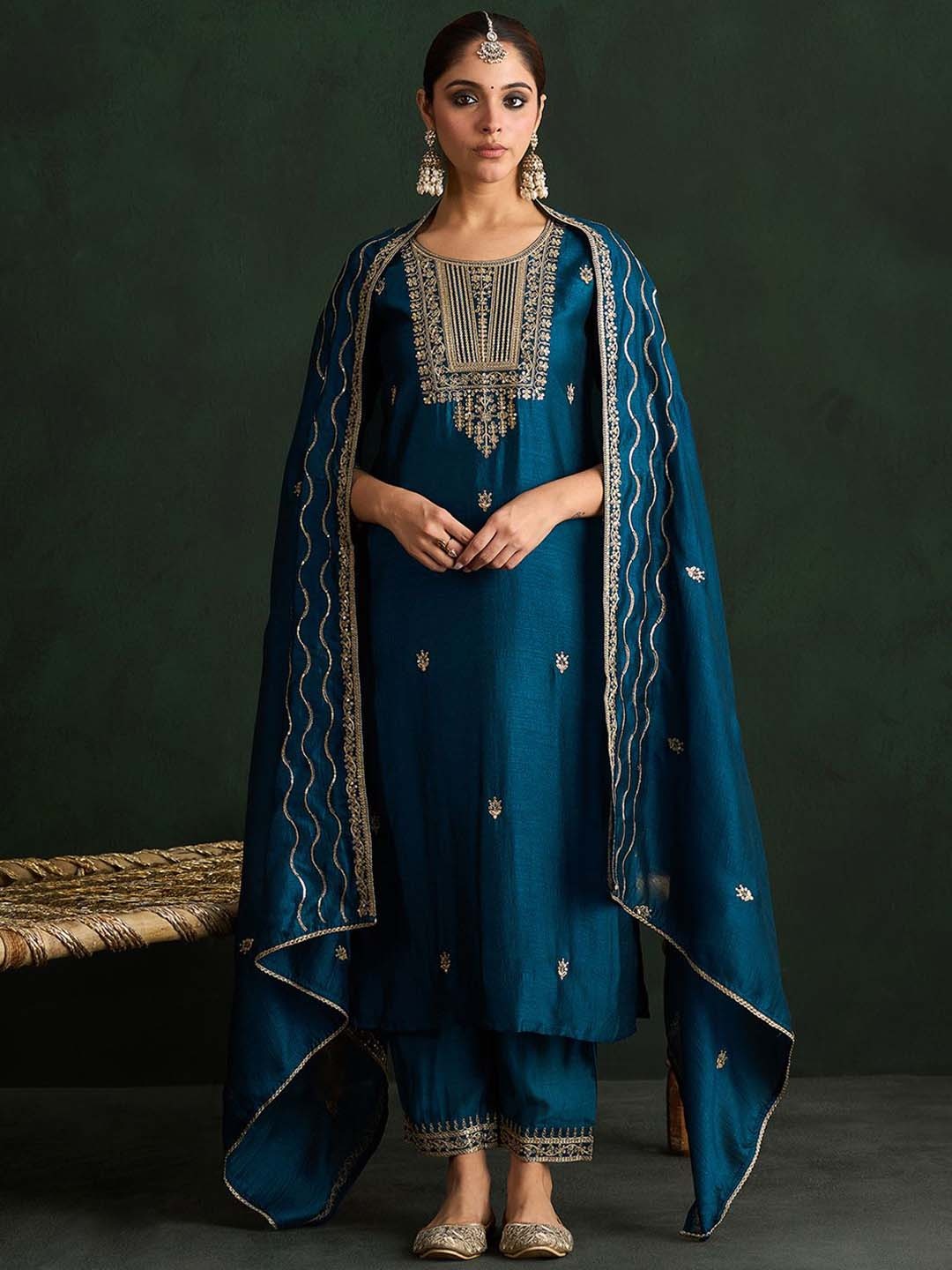 Indo Era Ethnic Motifs Embroidered Straight Kurta with Trousers & With Dupatta, Teal
Indo Era Ethnic Motifs Embroidered Straight Kurta with Trousers & With Dupatta, Teal