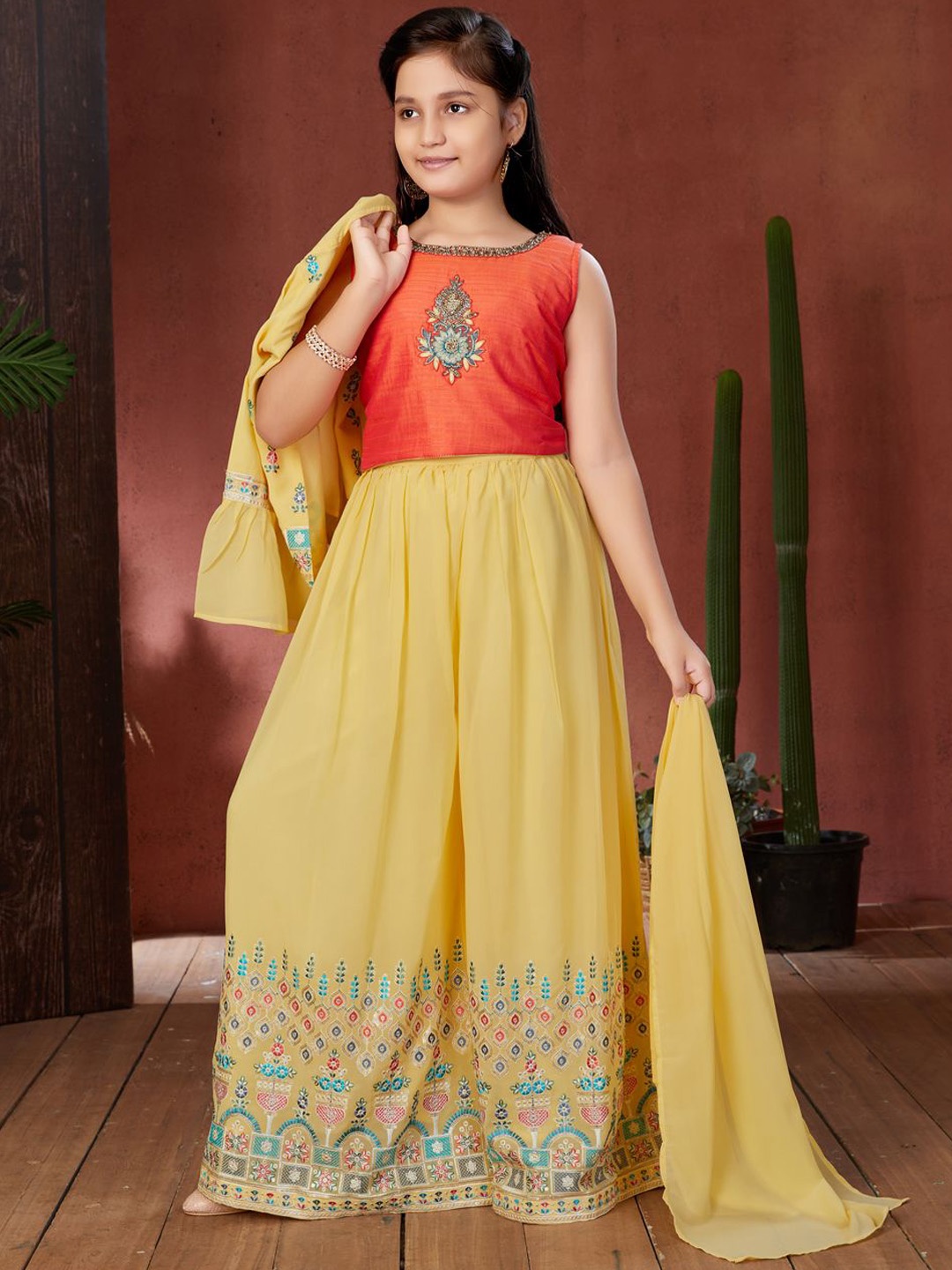 Aarika Girls Floral Embroidered Round Neck Top with Palazzo with Dupatta & Waistcoat, Orange
Aarika Girls Floral Embroidered Round Neck Top with Palazzo with Dupatta & Waistcoat, Orange