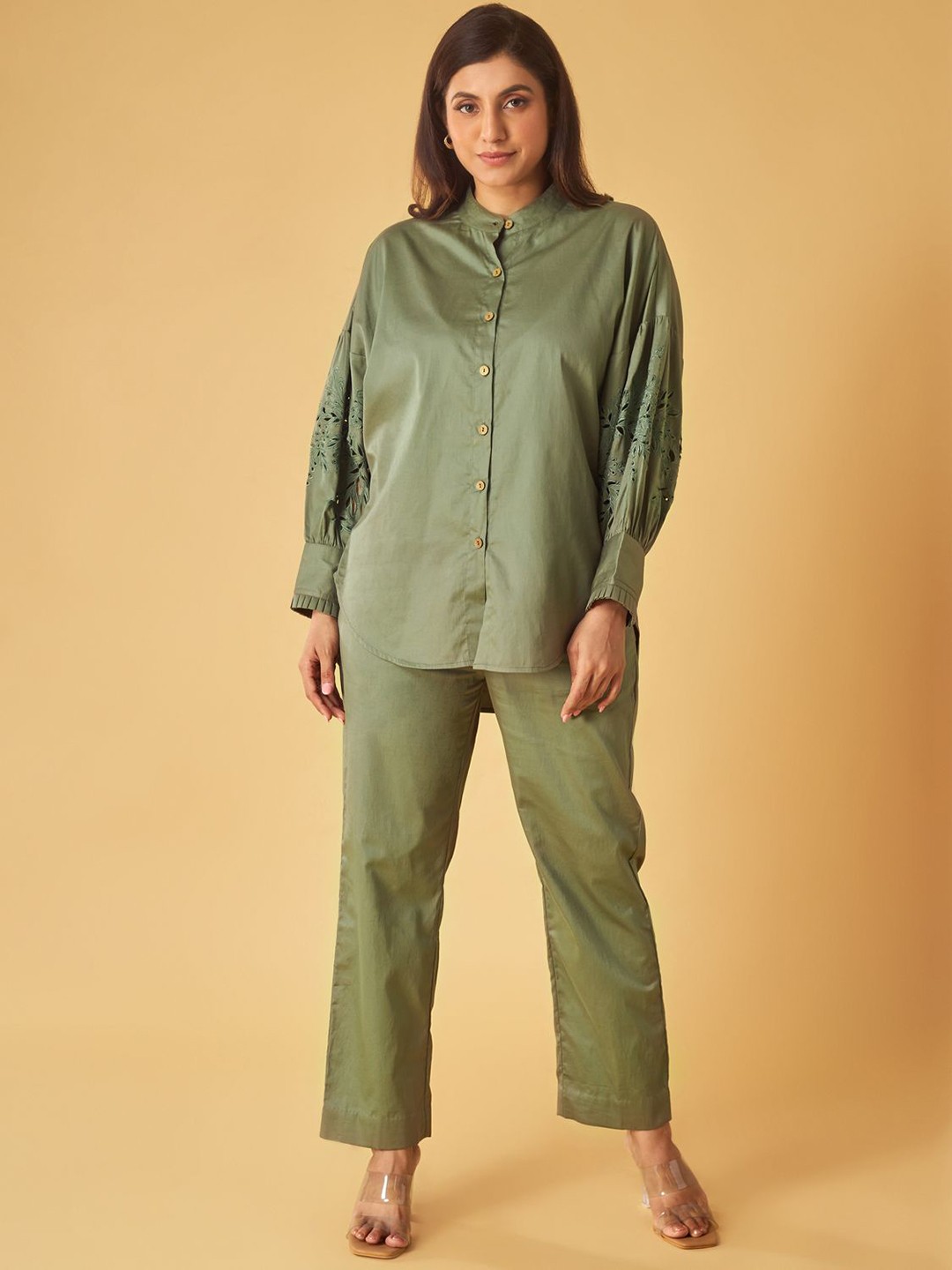 Maisolos Floral Cutwork Embroidered Mandarin Collar Pure Cotton Shirt With Trousers, Green
Maisolos Floral Cutwork Embroidered Mandarin Collar Pure Cotton Shirt With Trousers, Green
