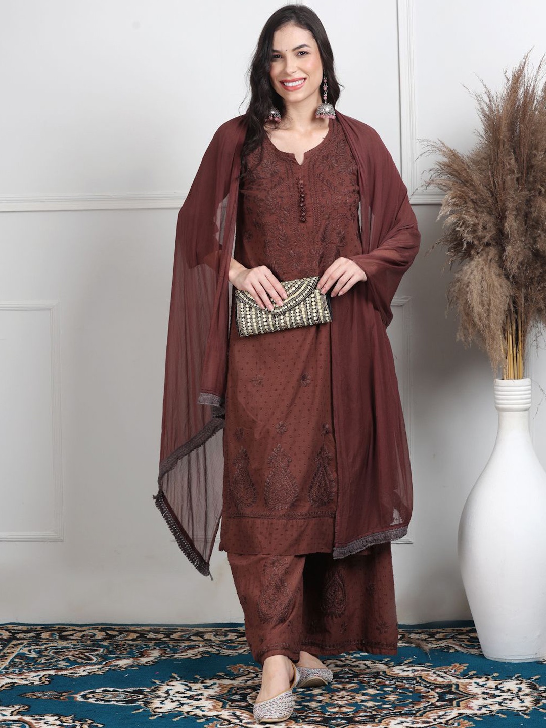 KHAKA Floral Embroidered Chikankari Pure Cotton Kurta with Palazzos & Dupatta, Brown
KHAKA Floral Embroidered Chikankari Pure Cotton Kurta with Palazzos & Dupatta, Brown