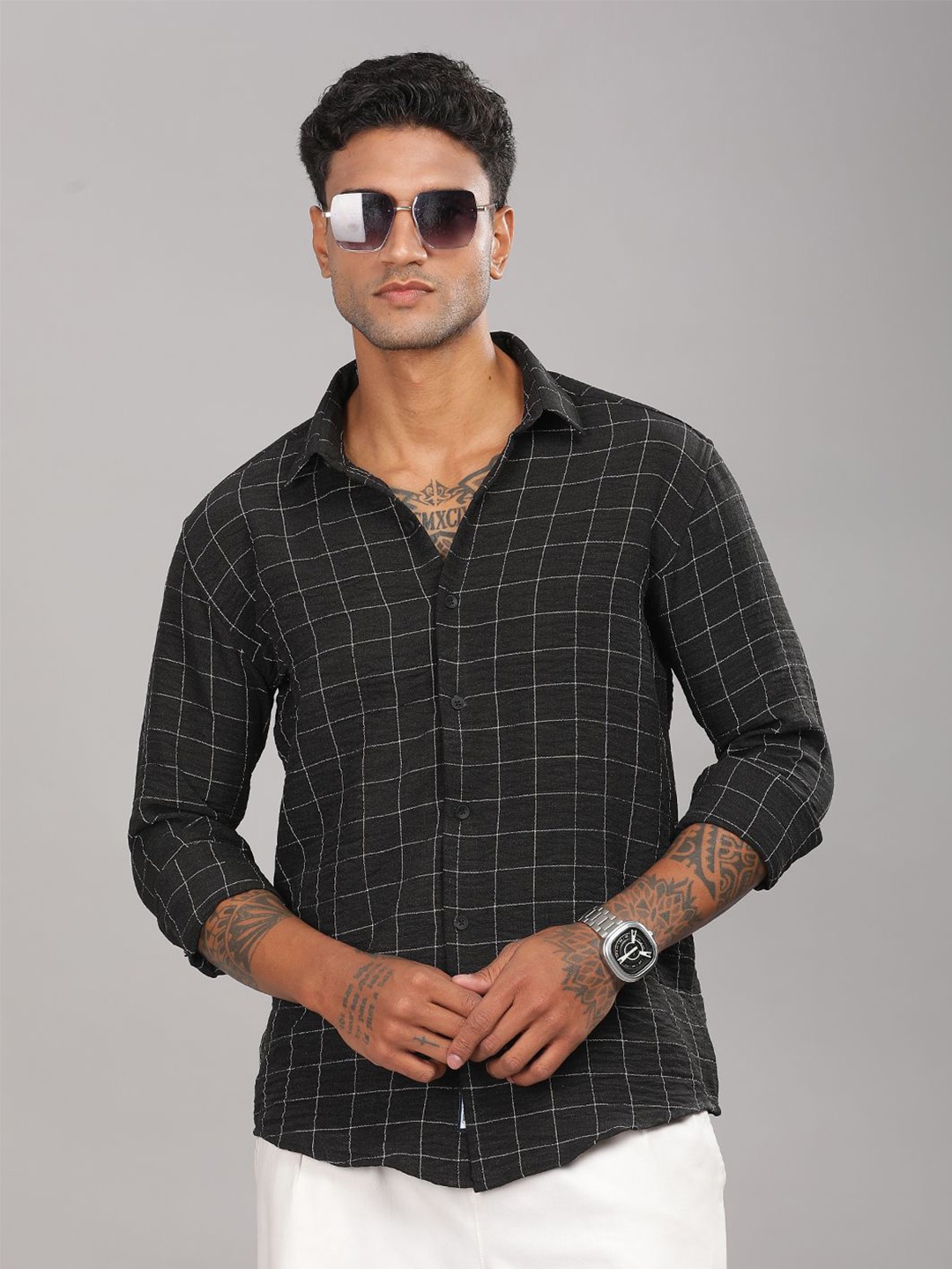 PAUL STREET Men Standard Spread Collar Windowpane Checked Slim Fit Casual Shirt, Black
PAUL STREET Men Standard Spread Collar Windowpane Checked Slim Fit Casual Shirt, Black