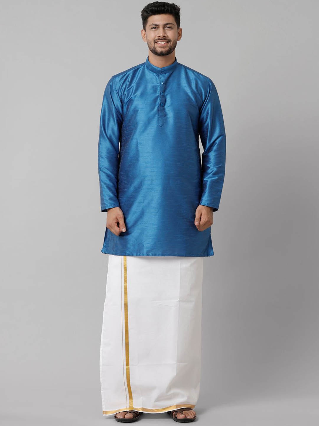 Ramraj Mandarin Collar Long Sleeves Straight Kurta With Golden Zari Dhoti, Blue
Ramraj Mandarin Collar Long Sleeves Straight Kurta With Golden Zari Dhoti, Blue