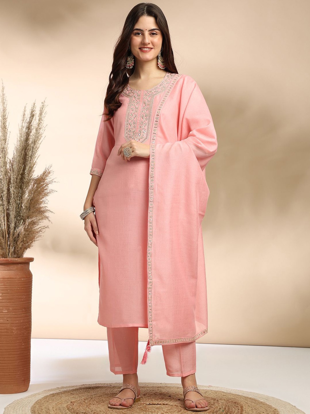 Colors of Earth Floral Embroidered Sequinned Straight Kurta With Trousers & Dupatta, Pink
Colors of Earth Floral Embroidered Sequinned Straight Kurta With Trousers & Dupatta, Pink