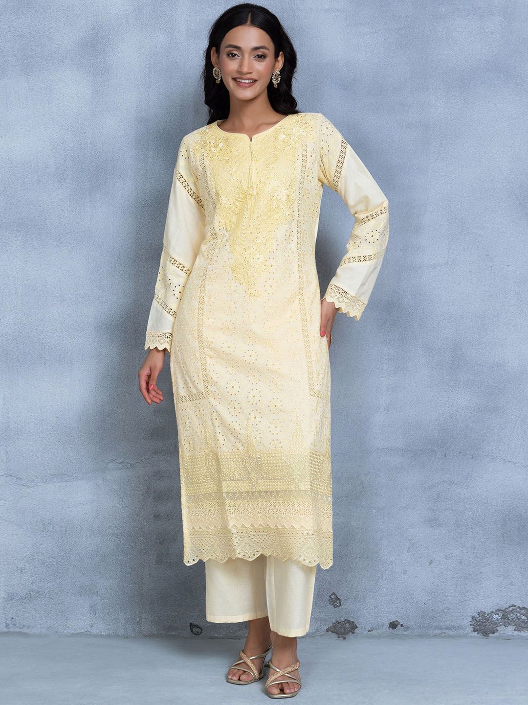 Rang by Indya Floral Embroidered Pure Cotton Straight Kurta with Trousers & Dupatta, Yellow
Rang by Indya Floral Embroidered Pure Cotton Straight Kurta with Trousers & Dupatta, Yellow