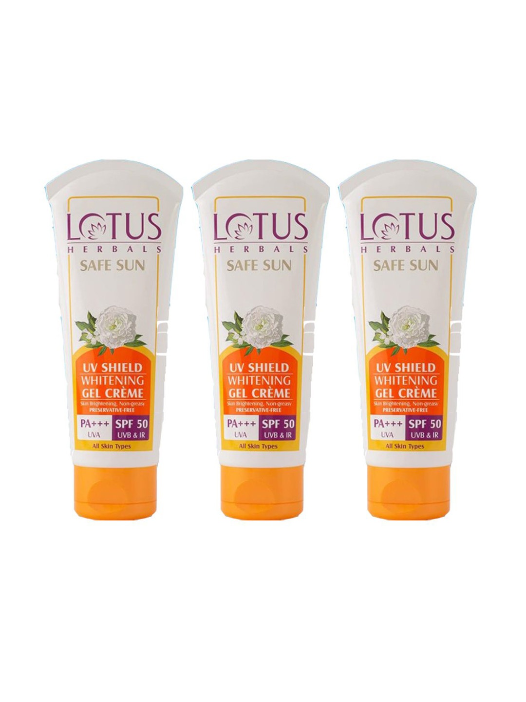 Lotus Herbals Safe Sun Set Of 3 UV Shield Whitening SPF 50 Gel Sunscreen - 100g Each, White
Lotus Herbals Safe Sun Set Of 3 UV Shield Whitening SPF 50 Gel Sunscreen - 100g Each, White