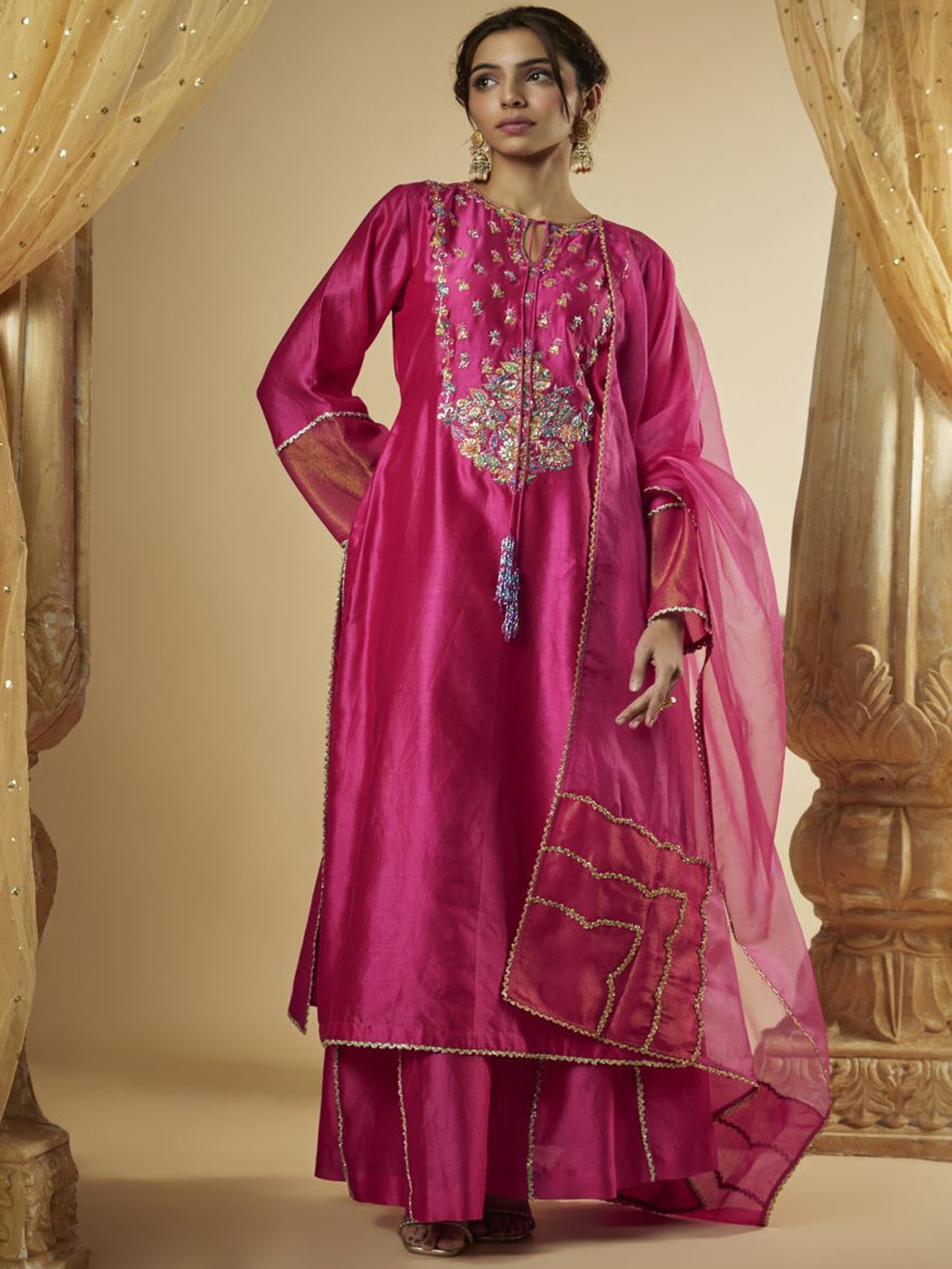 The Aarya Floral Embroidered Zardozi Tie-Up Neck Straight Kurta With Palazzos & Dupatta, Pink
The Aarya Floral Embroidered Zardozi Tie-Up Neck Straight Kurta With Palazzos & Dupatta, Pink