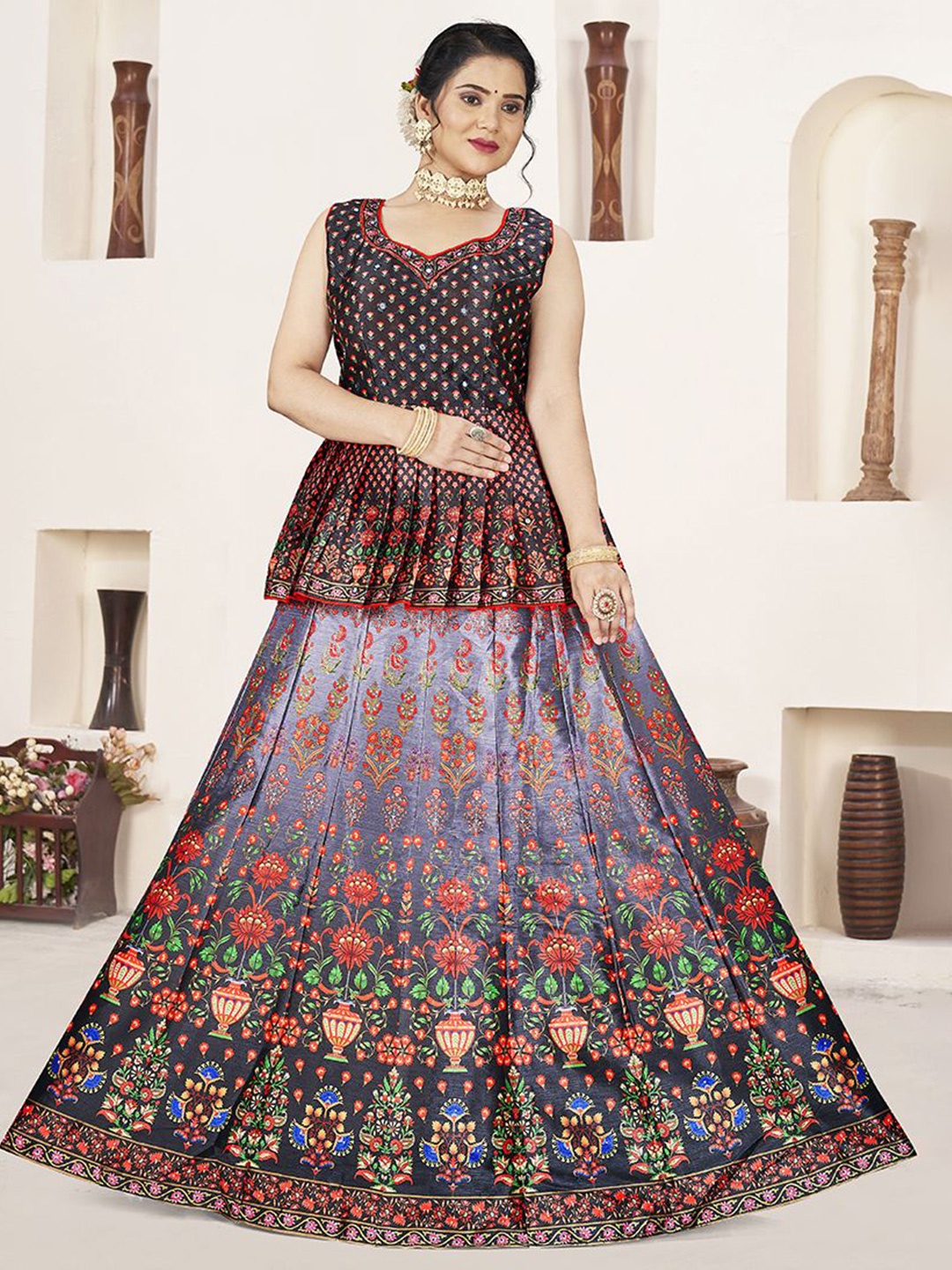 EthnicTree Printed Beads and Stones Ready to Wear Lehenga & Blouse With Dupatta, Black
EthnicTree Printed Beads and Stones Ready to Wear Lehenga & Blouse With Dupatta, Black