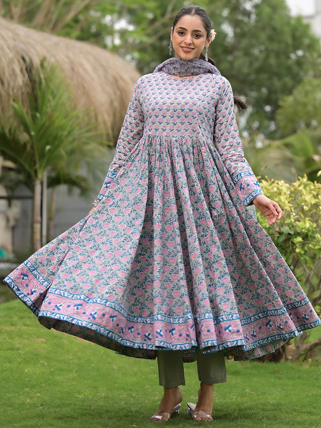 KALINI Floral Printed Round Neck Pure Cotton Anarkali Kurta With Trousers & Dupatta, Blue
KALINI Floral Printed Round Neck Pure Cotton Anarkali Kurta With Trousers & Dupatta, Blue