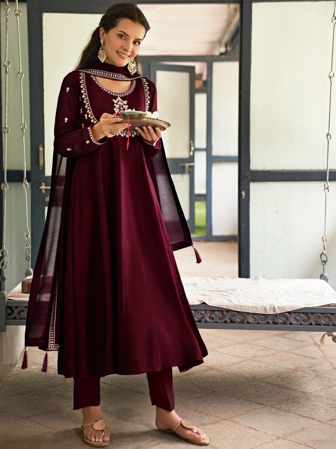 Colors of Earth Ethnic Motifs Embroidered Sequinned Anarkali Kurta Trousers & Dupatta, Magenta
Colors of Earth Ethnic Motifs Embroidered Sequinned Anarkali Kurta Trousers & Dupatta, Magenta