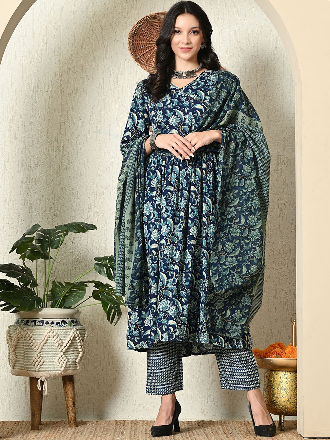 KALINI Floral Printed V-Neck Gotta Patti Anarkali Kurta With Trousers & Dupatta, Blue
KALINI Floral Printed V-Neck Gotta Patti Anarkali Kurta With Trousers & Dupatta, Blue