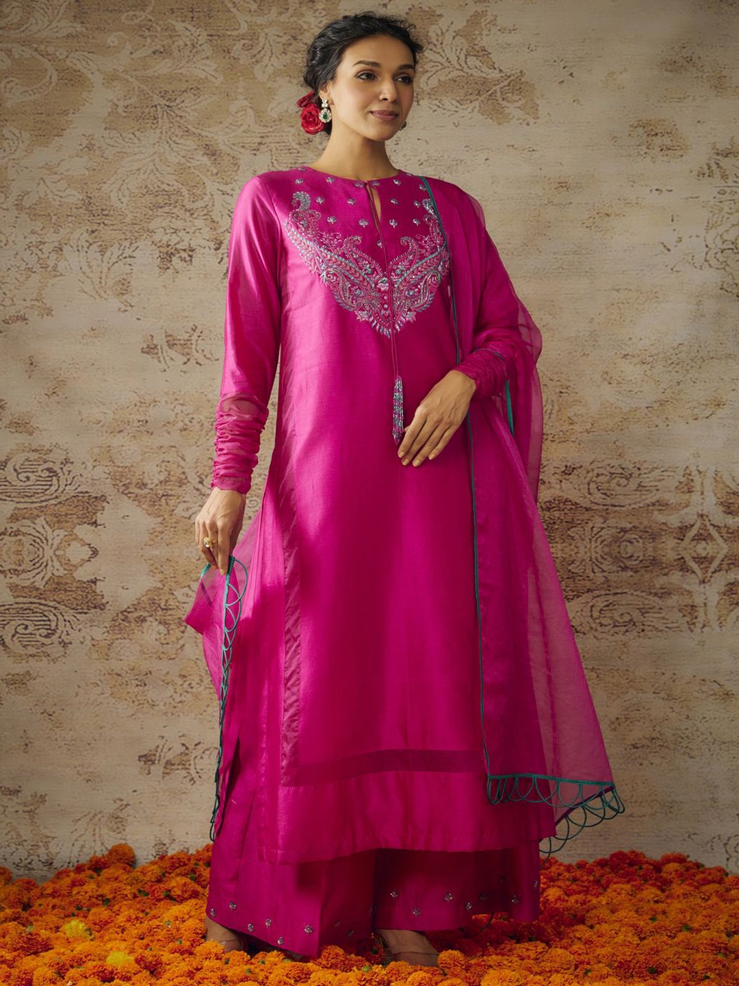 The Aarya SAYONEE Embroidered Yoke Design Chanderi Straight Kurta With Palazzos & Dupatta, Pink
The Aarya SAYONEE Embroidered Yoke Design Chanderi Straight Kurta With Palazzos & Dupatta, Pink