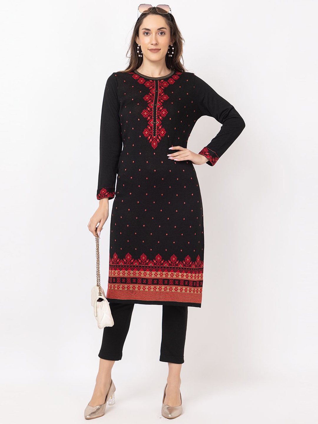 Anouk Women Ethnic Motifs Embroidered Flared Sleeves Sequinned Jacquard Winter Wear Kurta, Black
Anouk Women Ethnic Motifs Embroidered Flared Sleeves Sequinned Jacquard Winter Wear Kurta, Black