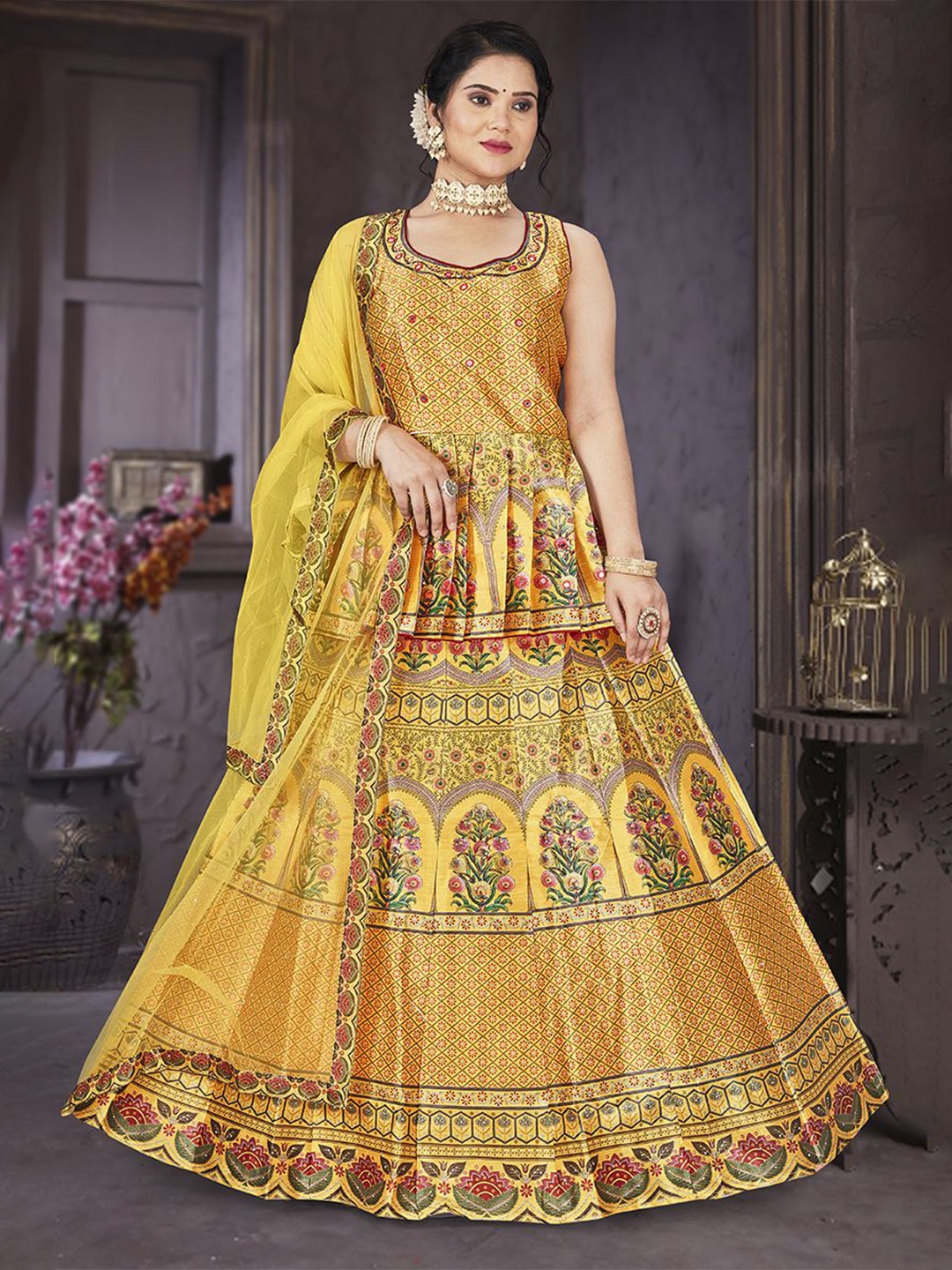 EthnicTree Printed Beads and Stones Ready to Wear Lehenga & Blouse With Dupatta, Yellow
EthnicTree Printed Beads and Stones Ready to Wear Lehenga & Blouse With Dupatta, Yellow