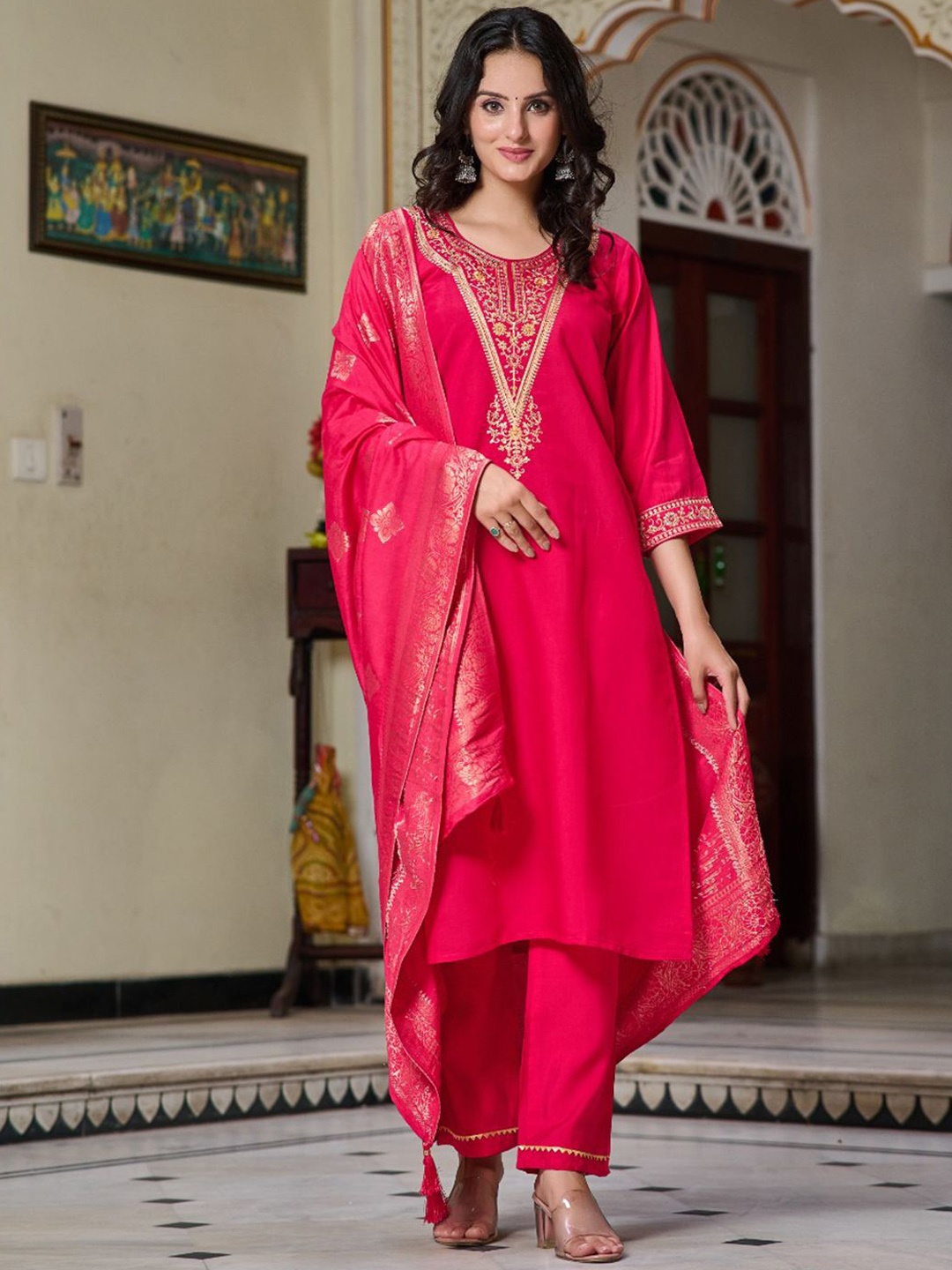 Lilots Floral Yoke Design Zari Chanderi Silk Straight Kurta with Palazzos & Dupatta, Pink
Lilots Floral Yoke Design Zari Chanderi Silk Straight Kurta with Palazzos & Dupatta, Pink
