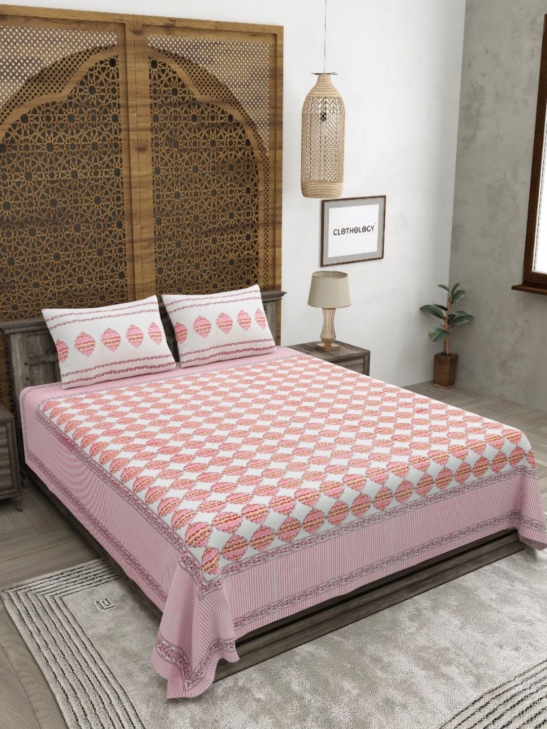 CLOTHOLOGY Pink & White Conversational 180 TC Cotton King Bedsheet with 2 Pillow Covers
CLOTHOLOGY Pink & White Conversational 180 TC Cotton King Bedsheet with 2 Pillow Covers