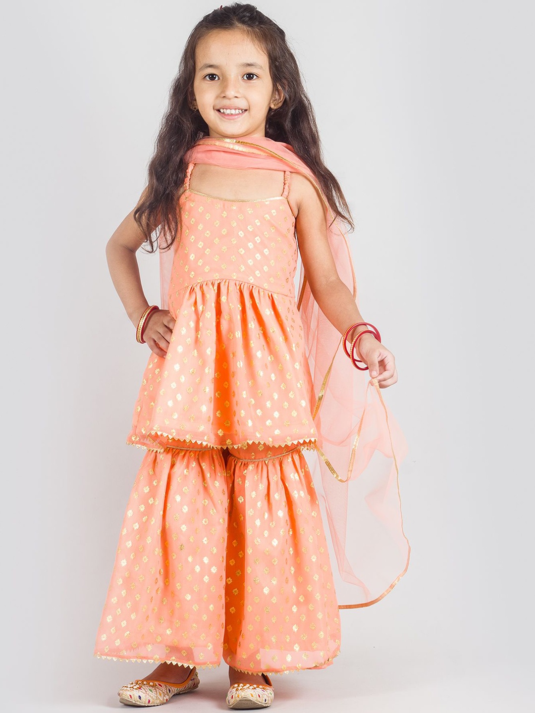 Tangerine Closet Girls Printed Shoulder Straps Peplum Top With Sharara & Dupatta, Peach
Tangerine Closet Girls Printed Shoulder Straps Peplum Top With Sharara & Dupatta, Peach