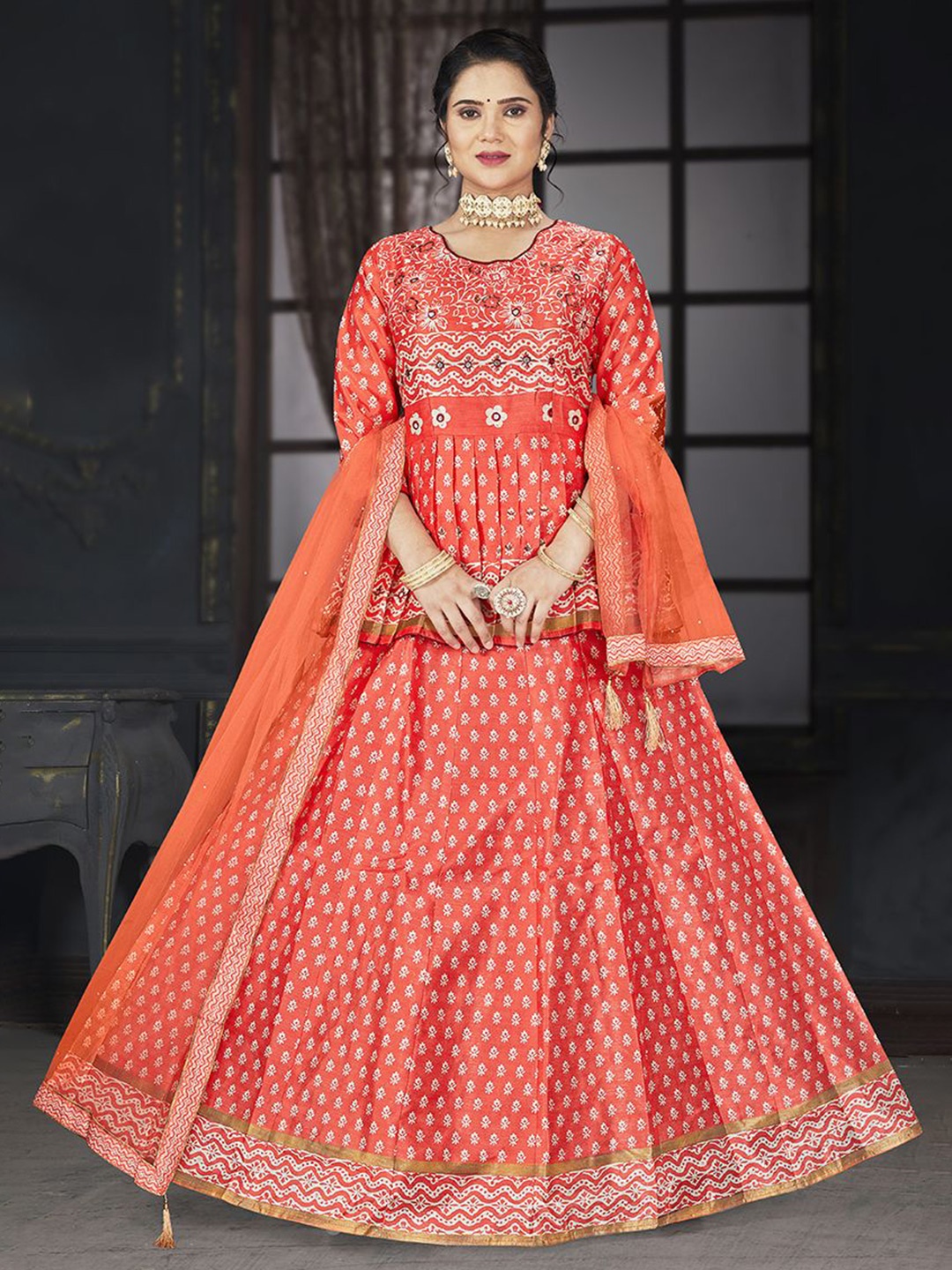 EthnicTree Printed Beads and Stones Ready to Wear Lehenga & Blouse With Dupatta, Orange
EthnicTree Printed Beads and Stones Ready to Wear Lehenga & Blouse With Dupatta, Orange