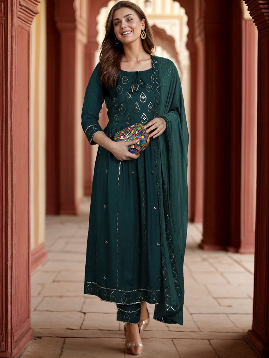 KALINI Embroidered Tie-Up Neck Mirror Work Anarkali Kurta With Trousers & Dupatta, Green
KALINI Embroidered Tie-Up Neck Mirror Work Anarkali Kurta With Trousers & Dupatta, Green