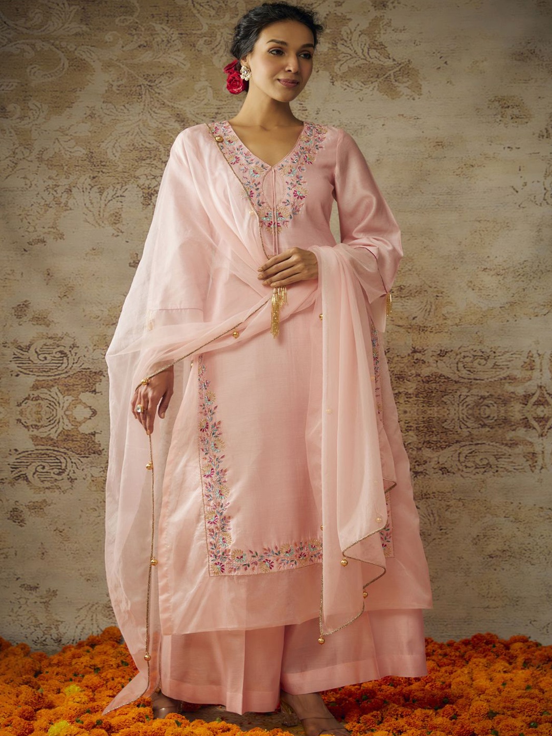 The Aarya Floral Embroidered Zardozi V-Neck Straight Kurta With Palazzos & Dupatta, Peach
The Aarya Floral Embroidered Zardozi V-Neck Straight Kurta With Palazzos & Dupatta, Peach