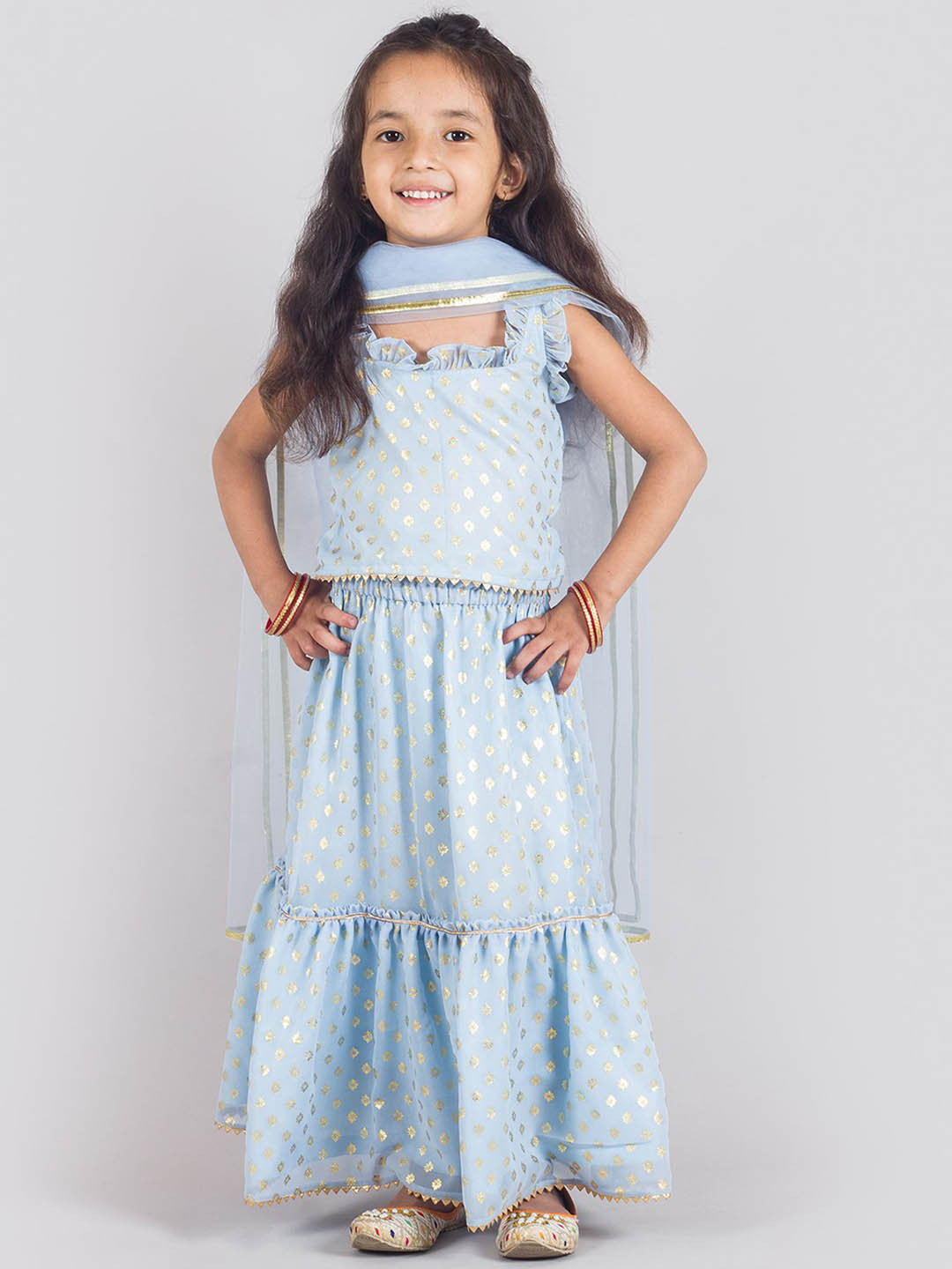 Tangerine Closet Girls Ethnic Motifs Printed Gotta Patti Top With Lehanga & Dupatta, Blue
Tangerine Closet Girls Ethnic Motifs Printed Gotta Patti Top With Lehanga & Dupatta, Blue
