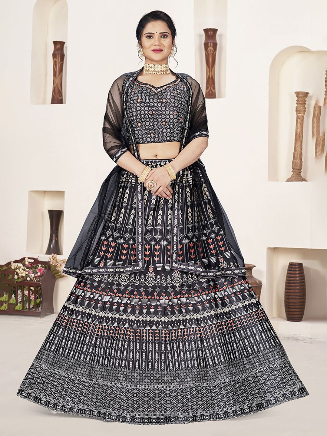 EthnicTree Printed Beads and Stones Ready to Wear Lehenga & Blouse With Dupatta, Black
EthnicTree Printed Beads and Stones Ready to Wear Lehenga & Blouse With Dupatta, Black