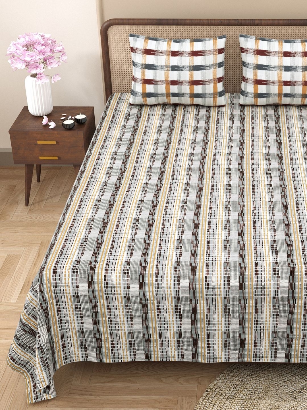 Aura Brown & White Bella Casa Geometric 180TC Cotton Queen Bedsheet & 2 Pillow Covers
Aura Brown & White Bella Casa Geometric 180TC Cotton Queen Bedsheet & 2 Pillow Covers