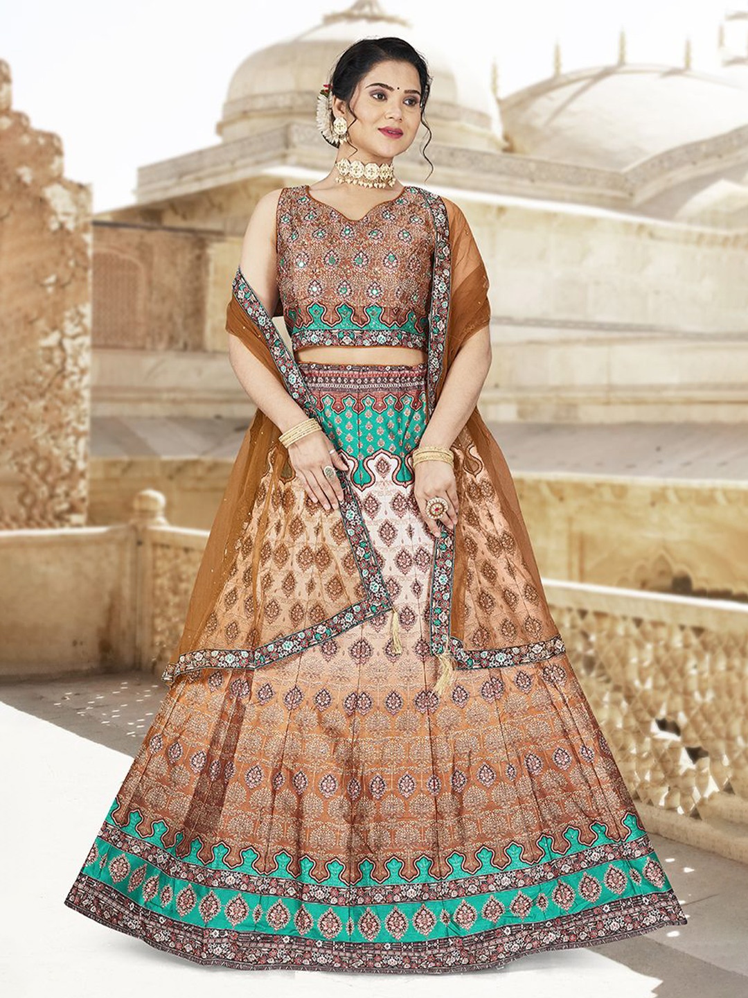 EthnicTree Printed Beads and Stones Ready to Wear Lehenga & Blouse With Dupatta, Brown
EthnicTree Printed Beads and Stones Ready to Wear Lehenga & Blouse With Dupatta, Brown