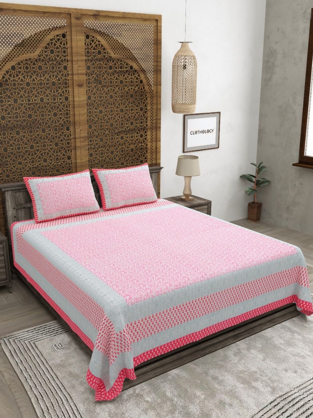 CLOTHOLOGY Pink & White Conversational 180 TC Cotton King Bedsheet with 2 Pillow Covers
CLOTHOLOGY Pink & White Conversational 180 TC Cotton King Bedsheet with 2 Pillow Covers