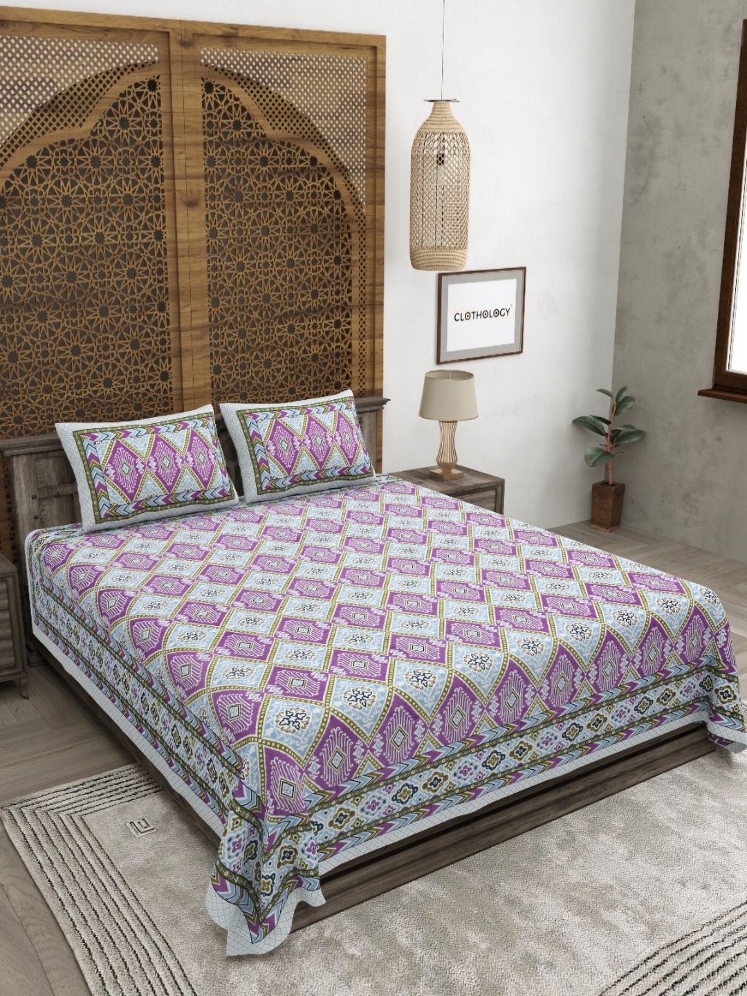CLOTHOLOGY Purple & White Geometric 180 TC Cotton King Bedsheet with 2 Pillow Covers
CLOTHOLOGY Purple & White Geometric 180 TC Cotton King Bedsheet with 2 Pillow Covers