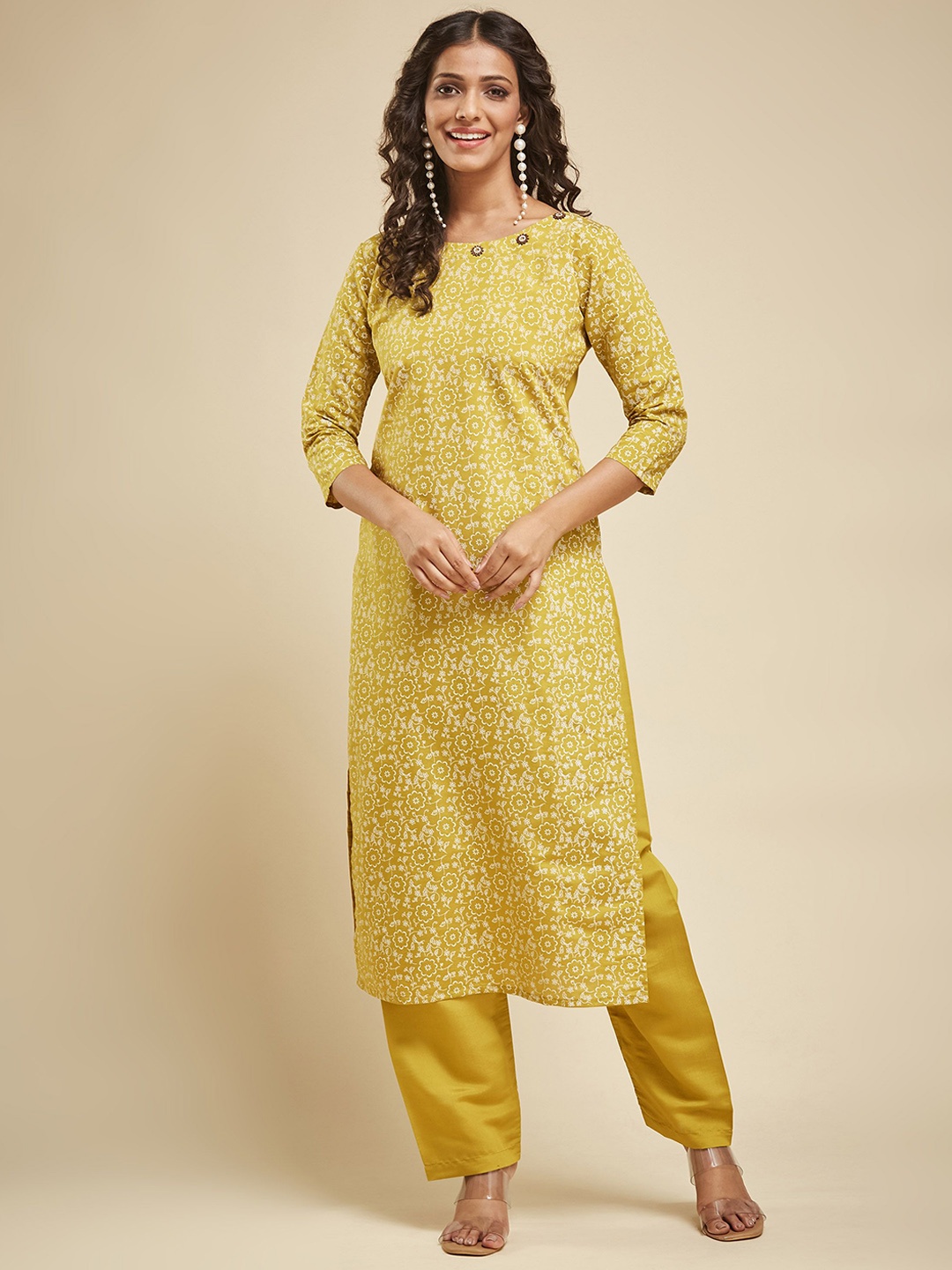 KALINI Floral Printed Round Neck Chanderi Silk Straight Kurta with Trousers, Mustard
KALINI Floral Printed Round Neck Chanderi Silk Straight Kurta with Trousers, Mustard