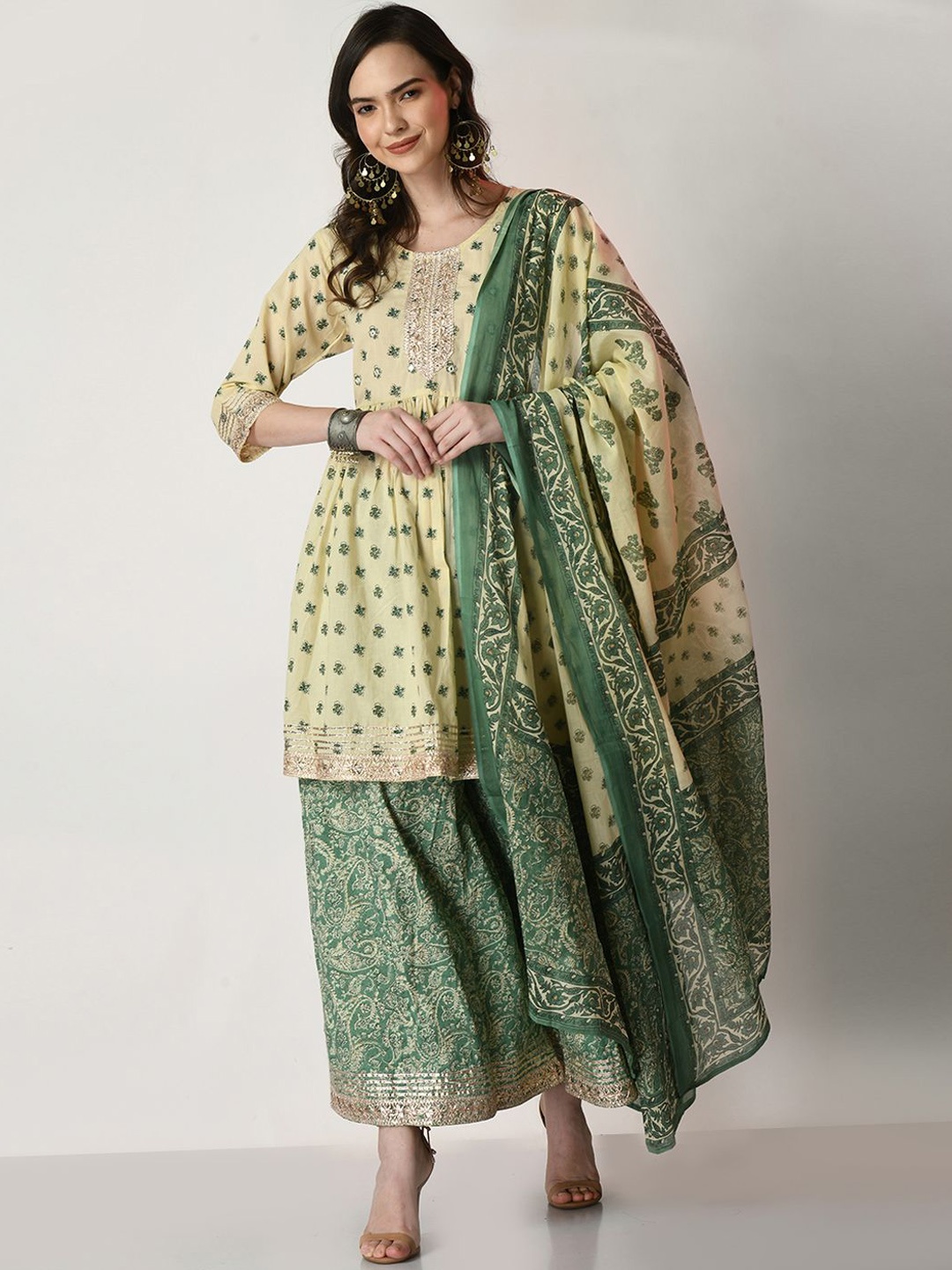KALINI Floral Printed Gotta Patti Pure Cotton A-Line Kurta With Sharara & Dupatta, Cream
KALINI Floral Printed Gotta Patti Pure Cotton A-Line Kurta With Sharara & Dupatta, Cream